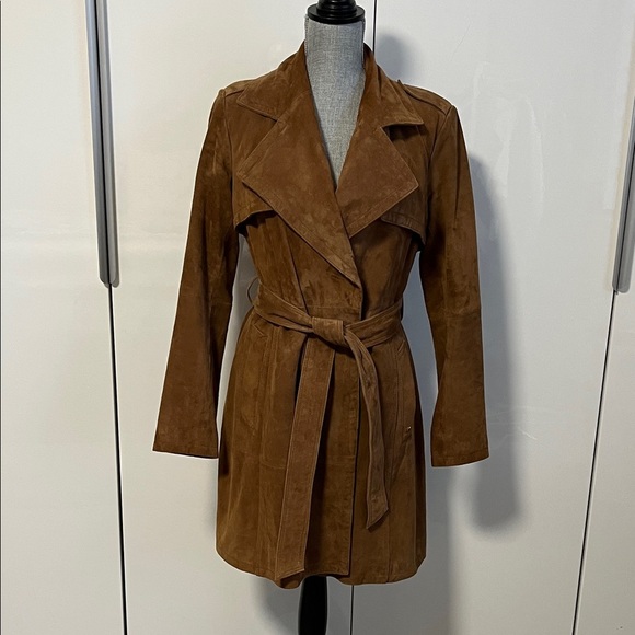 SUEDE Michael Kors Dark Tan Brown Trench Coat Belted Fully Lined, Size M - Picture 1 of 15